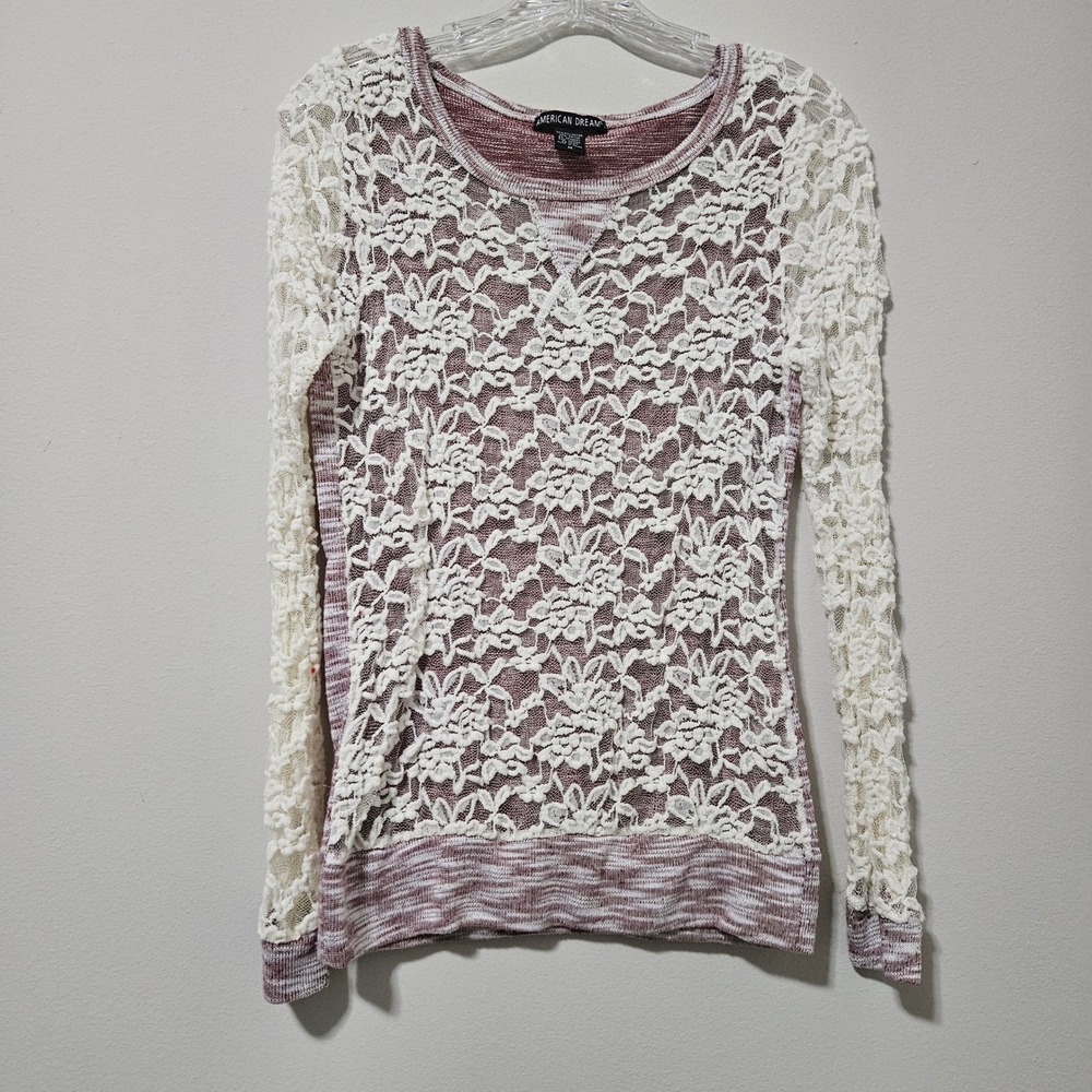 American Dream Womens Lace Overlay Marled Knit Long Sleeve Top Burgundy Cream M